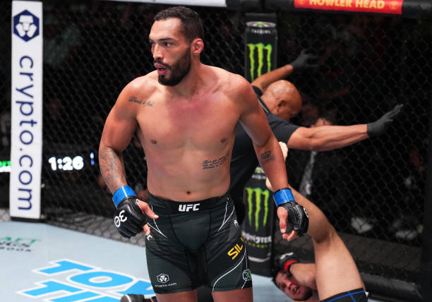 Bruno Silva of Brazil reacts after his victory over Brad Tavares in a middleweight fight during the UFC Fight Night event at UFC APEX on April 22,...