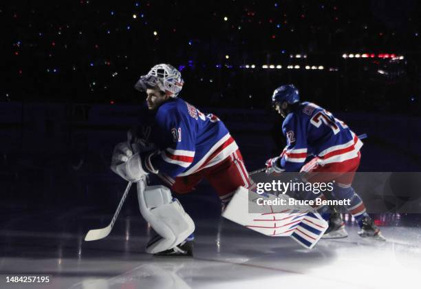 Igor Shesterkin of the New York Rangers skates out to play against the New Jersey Devils during Game Three in the First Round of the 2023 Stanley Cup...