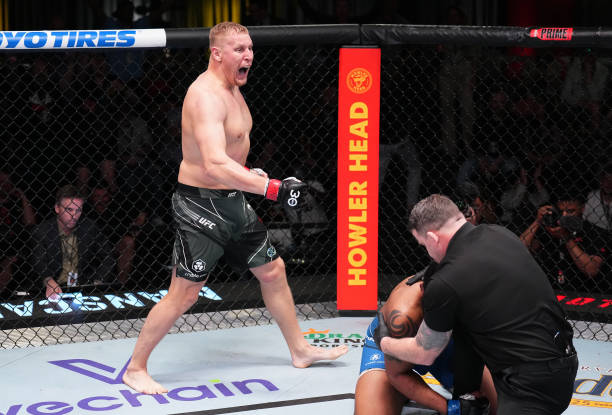 Sergei Pavlovich of Russia reacts after his TKO victory over Curtis Blaydes in a heavyweight fight during the UFC Fight Night event at UFC APEX on...