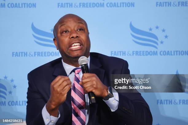 Senator Tim Scott speaks to guests at the Iowa Faith & Freedom Coalition Spring Kick-Off on April 22, 2023 in Clive, Iowa. Iowa is scheduled to hold...