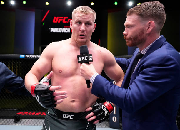 Sergei Pavlovich of Russia reacts after his TKO victory over Curtis Blaydes in a heavyweight fight during the UFC Fight Night event at UFC APEX on...