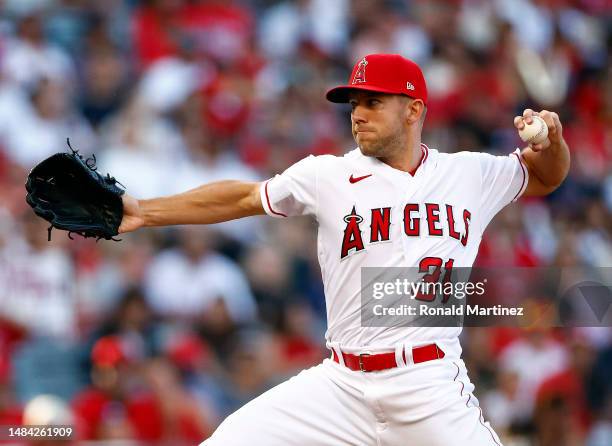 Tyler Anderson of the Los Angeles Angels throws against the Kansas City Royals in the first inning at Angel Stadium of Anaheim on April 22, 2023 in...