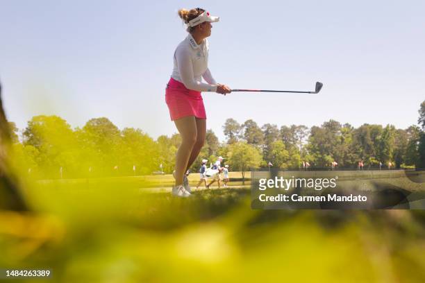 Nanna Koerstz Madsen of Denmark watches her shot on the 10th hole during the third round of The Chevron Championship at The Club at Carlton Woods on...