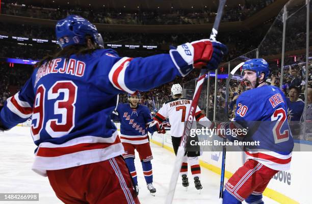 Chris Kreider of the New York Rangers celebrates his goal against the New Jersey Devils at 3:39 of the second period during Game Three in the First...