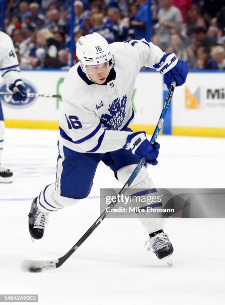 Mitchell Marner of the Toronto Maple Leafs shoots in the third period during Game Three of the First Round of the 2023 Stanley Cup Playoffs against...
