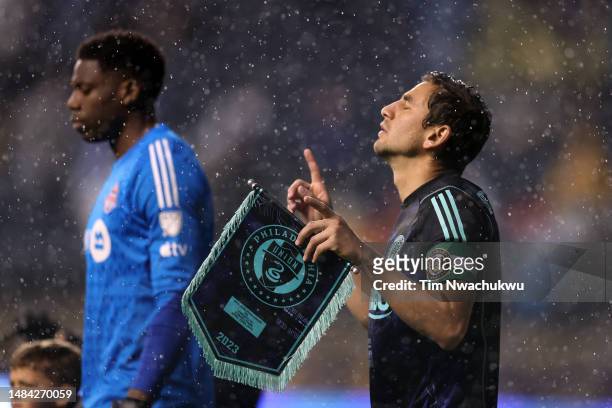 Alejandro Bedoya of Philadelphia Union reacts before playing against Toronto FC at Subaru Park on April 22, 2023 in Chester, Pennsylvania.