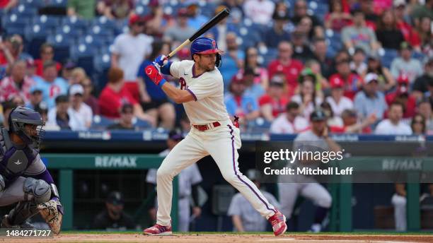 Trea Turner of the Philadelphia Phillies bats against the Colorado Rockies at Citizens Bank Park on April 22, 2023 in Philadelphia, Pennsylvania.