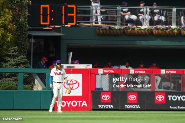 Detailed view of the pitch clock during the game between the Colorado Rockies and Philadelphia Phillies at Citizens Bank Park on April 22, 2023 in...