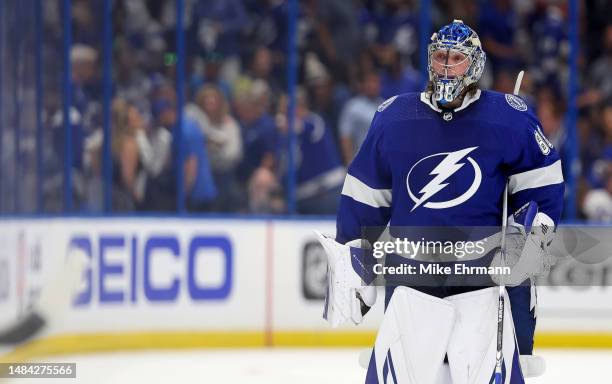 Andrei Vasilevskiy of the Tampa Bay Lightning skates off the ice after losing in overtime during Game Three of the First Round of the 2023 Stanley...