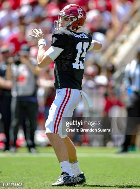 Ty Simpson of the Crimson Teams looks to throw during the first half of the Alabama Spring Football Game at Bryant-Denny Stadium on April 22, 2023 in...
