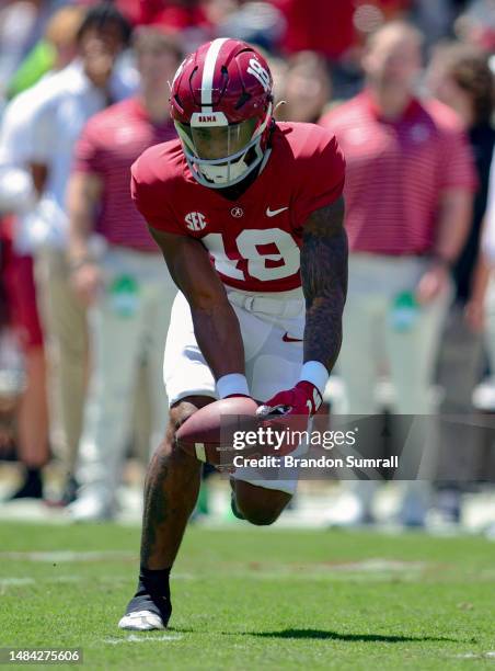 Shazz Preston of the Crimson Team hauls in a pass during warm ups prior to kickoff off of the Alabama Spring Football Game at Bryant-Denny Stadium on...