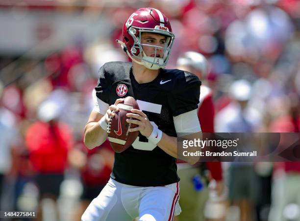 Ty Simpson of the Crimson Team warms up prior to kickoff of the Alabama Spring Football Game at Bryant-Denny Stadium on April 22, 2023 in Tuscaloosa,...