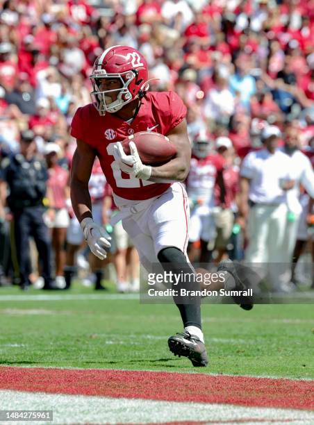 Justice Haynes of the Crimson Team runs for a Touchdown during the second half of the Alabama Spring Football Game at Bryant-Denny Stadium on April...