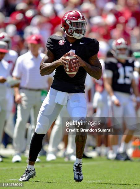 Jalen Milroe of the White Team warms up prior to kickoff of the Alabama Spring Football Game at Bryant-Denny Stadium on April 22, 2023 in Tuscaloosa,...