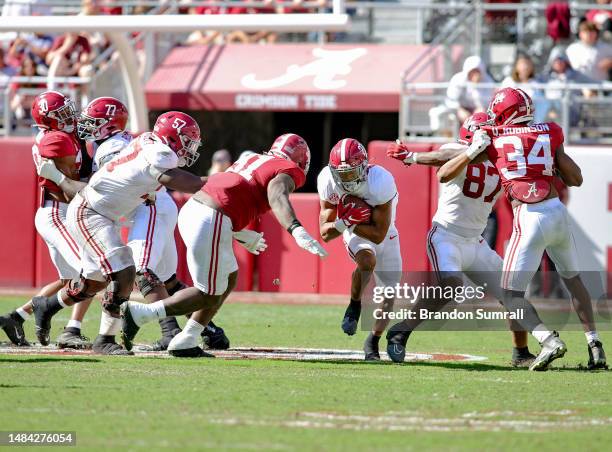 Jonathan Bennett of the of the White Team runs through the defensive line of the Crimson Team during the second half Alabama Spring Football Game at...