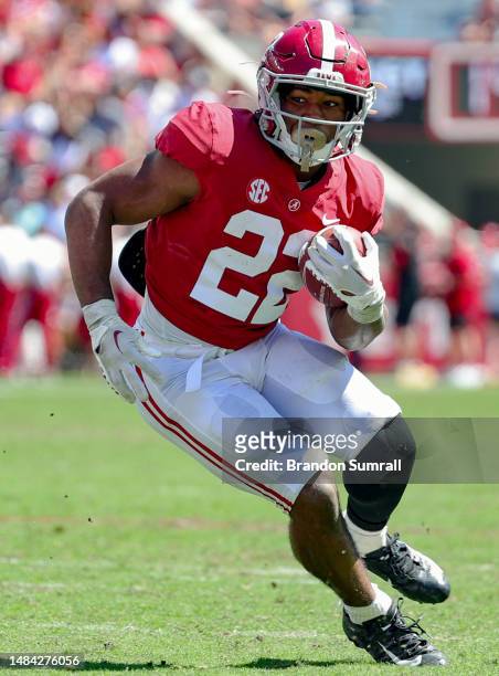 Justice Haynes of the Crimson Team runs the ball during the second half of the Alabama Spring Football Game at Bryant-Denny Stadium on April 22, 2023...