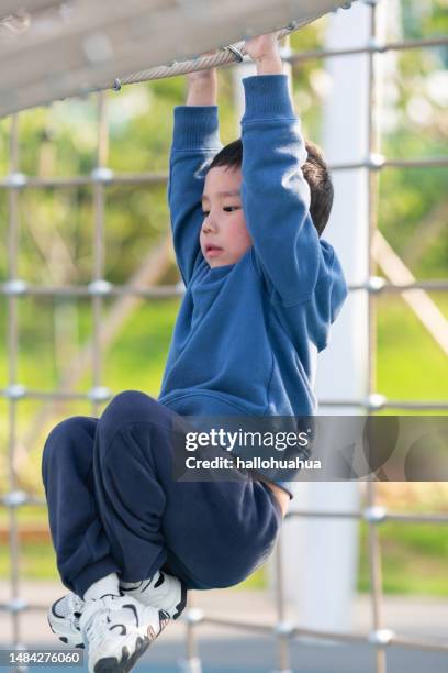 asian boy playing outdoors - jungle gym stock pictures, royalty-free photos & images