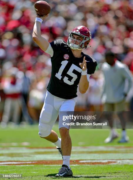 Ty Simpson of the Crimson Team warms up prior to kickoff of the Alabama Spring Football Game at Bryant-Denny Stadium on April 22, 2023 in Tuscaloosa,...