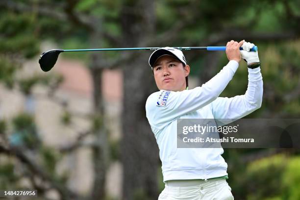Mao Nozawa of Japan hits her tee shot on the 5th hole during the final round of 41st Fujisankei Ladies Classic at Kawana Hotel Golf Course Fuji...