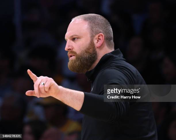 Taylor Jenkins of the Memphis Grizzlies reacts during the first quarter against the Los Angeles Lakers in Game Three of the Western Conference First...
