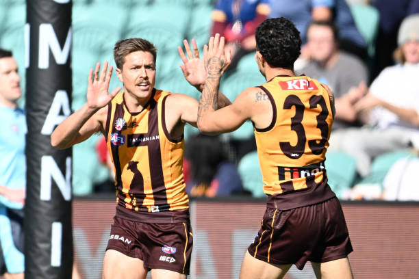 Fergus Greene of the Hawks celebrates a goal during the round six AFL match between Hawthorn Hawks and Adelaide Crows at University of Tasmania...