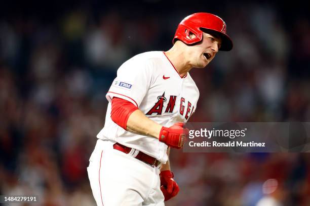 Matt Thaiss of the Los Angeles Angels celebrates a two-run home run against the Kansas City Royals in the eighth inning at Angel Stadium of Anaheim...