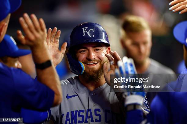 Kyle Isbel of the Kansas City Royals celebrates a run against the Los Angeles Angels in the ninth inning at Angel Stadium of Anaheim on April 22,...