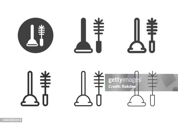 toilet brush and plunger icons - multi series - back brush stock illustrations