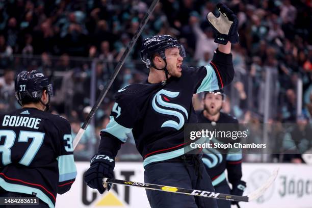 Jamie Oleksiak of the Seattle Kraken celebrates his goal against the Colorado Avalanche during the second period in Game Three of the First Round of...