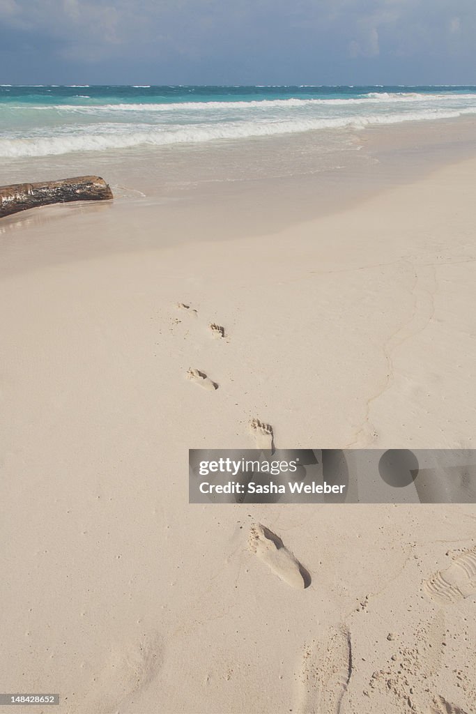 Footprints on the beach, Tulum, Mexico