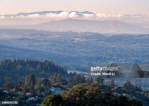 aerial view of the bay area at the windy hill summit - redwood city stock pictures, royalty-free photos & images