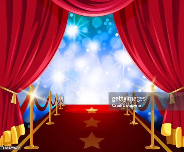 red carpet in bluish flashy lights with curtain - red carpet paparazzi stock illustrations