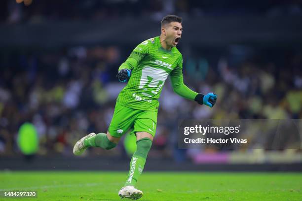 Julio Gonzalez of Pumas UNAM celebrates after the team's first goal during the 16th round match between America and Pumas UNAM as part of the Torneo...