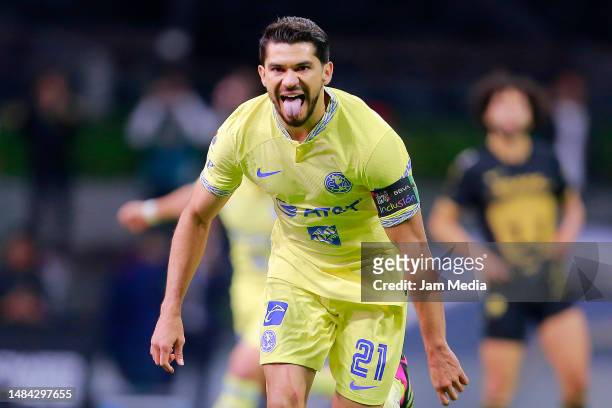 Henry Martin of America celebrates after scoring the team's first goal during the 16th round match between America and Pumas UNAM as part of the...