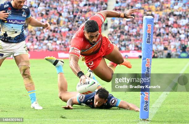 Robert Jennings of the Dolphins scores a try during the round eight NRL match between the Dolphins and Gold Coast Titans at Suncorp Stadium on April...