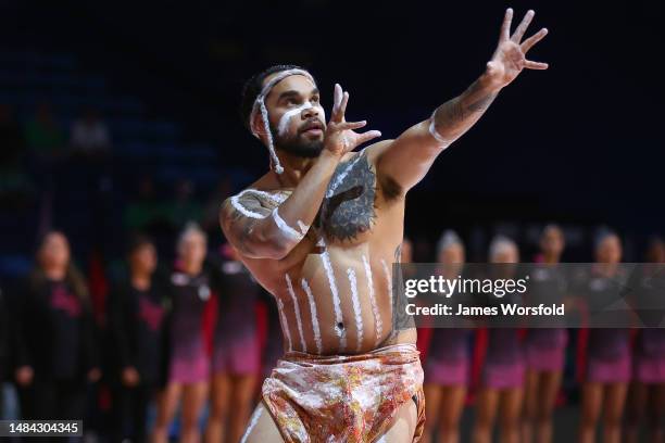 Welcome to Country Performers during the round six Super Netball match between West Coast Fever and Adelaide Thunderbirds at RAC Arena, on April 23...