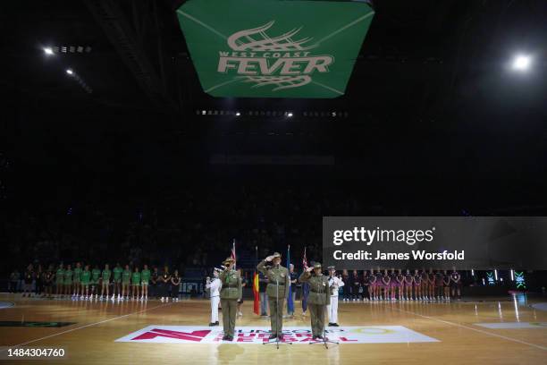 Anzac Ceremony during the round six Super Netball match between West Coast Fever and Adelaide Thunderbirds at RAC Arena, on April 23 in Perth,...