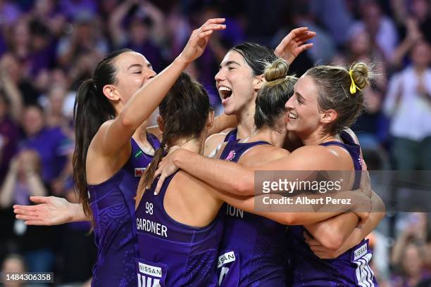 Queensland Firebirds celebrate victory during the round six Super Netball match between the Queensland Firebirds and the Giants Netball at Nissan...