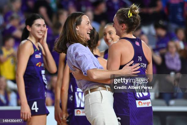 Firebirds head coach Bec Bulley celebrates with Gabi Simpson during the round six Super Netball match between the Queensland Firebirds and the Giants...