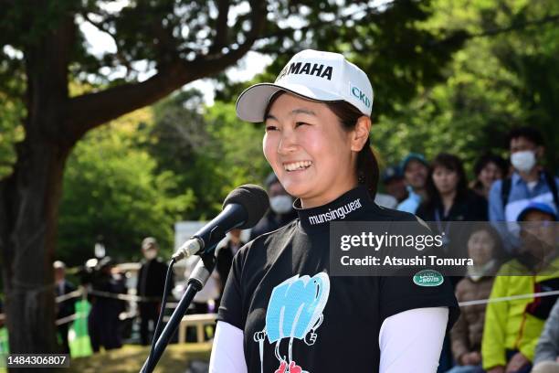 Sora Kamiya of Japan is interviewed after winning the tournament following the final round of 41st Fujisankei Ladies Classic at Kawana Hotel Golf...