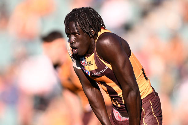 Changkuoth Jiath of the Hawks looks on during the round six AFL match between Hawthorn Hawks and Adelaide Crows at University of Tasmania Stadium, on...