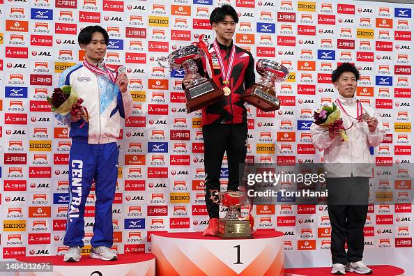Silver medalist Kazuma Kaya, gold medalist Daiki Hashimoto and bronze