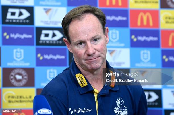 Coach Justin Holbrook of the Titans looks dejected at a post match press conference after the round eight NRL match between the Dolphins and Gold...