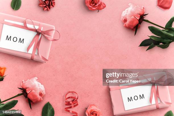 pink gift top view. mothers day text on banner - mothers day border stock pictures, royalty-free photos & images