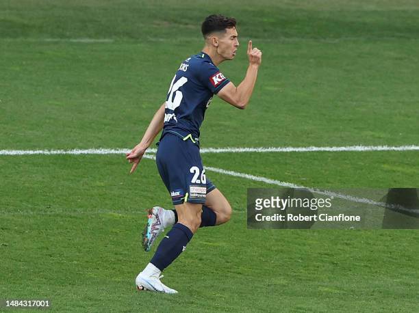 Lleyton Brooks of the Victory celebrates after scoring a goal during the round 25 A-League Men's match between Melbourne Victory and Macarthur FC at...