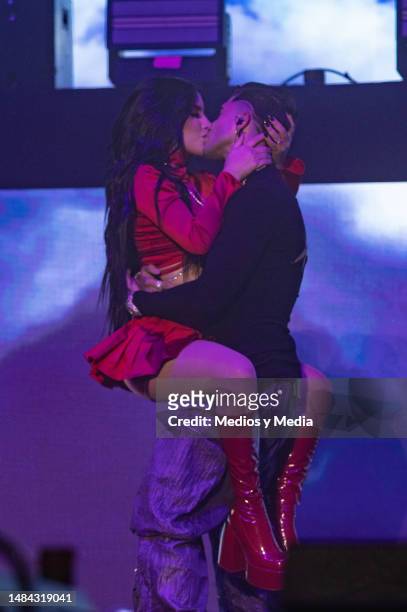 Mexican singer Kim Loaiza performs with her husband JD Pantoja at Palacio de Los Deportes on April 22, 2023 in Mexico City, Mexico.