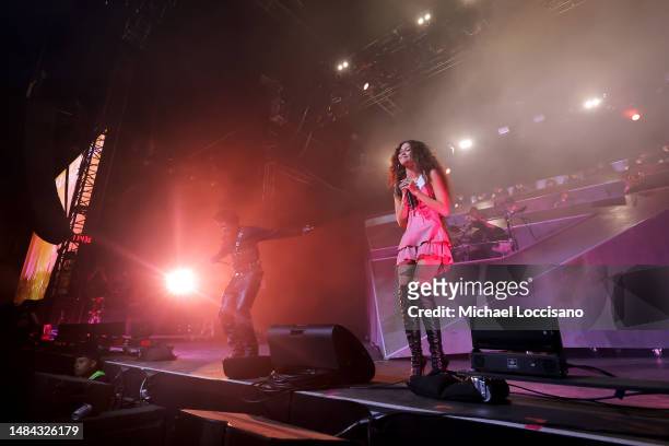 Zendaya performs with Labrinth at the Mojave Tent during the 2023 Coachella Valley Music and Arts Festival on April 22, 2023 in Indio, California.