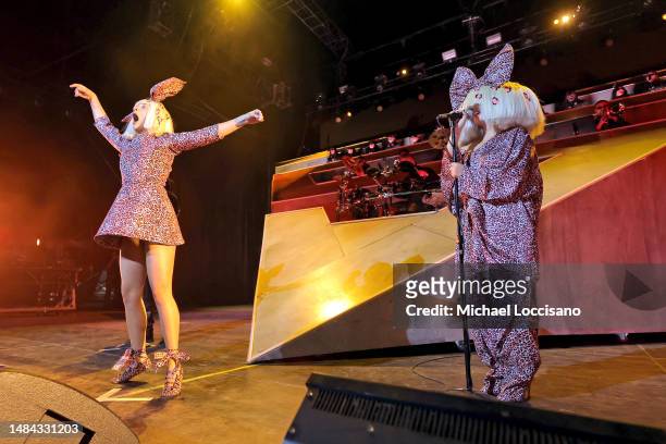 Maddie Ziegler and Sia perform with Labrinth at the Mojave Tent during the 2023 Coachella Valley Music and Arts Festival on April 22, 2023 in Indio,...