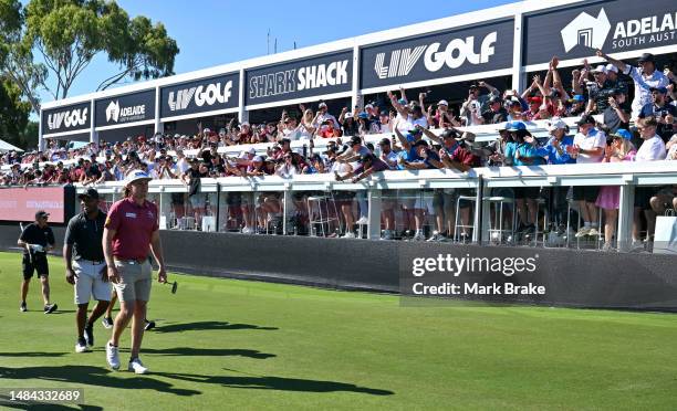 Crowd cheer Cameron Smith captain of the Ripper GC as he walks up the 12th during day three of Liv Golf Adelaide at The Grange Golf Course on April...