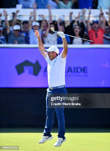 Chase Koepka of the Smash celbrates hitting a hole in one on the 12th during day three of Liv Golf Adelaide at The Grange Golf Course on April 23,...